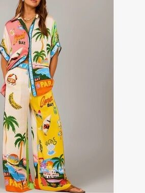 Joie Wide-Leg Tropical Print Pants - Yellow, Cream, Pink, Blue and Orange